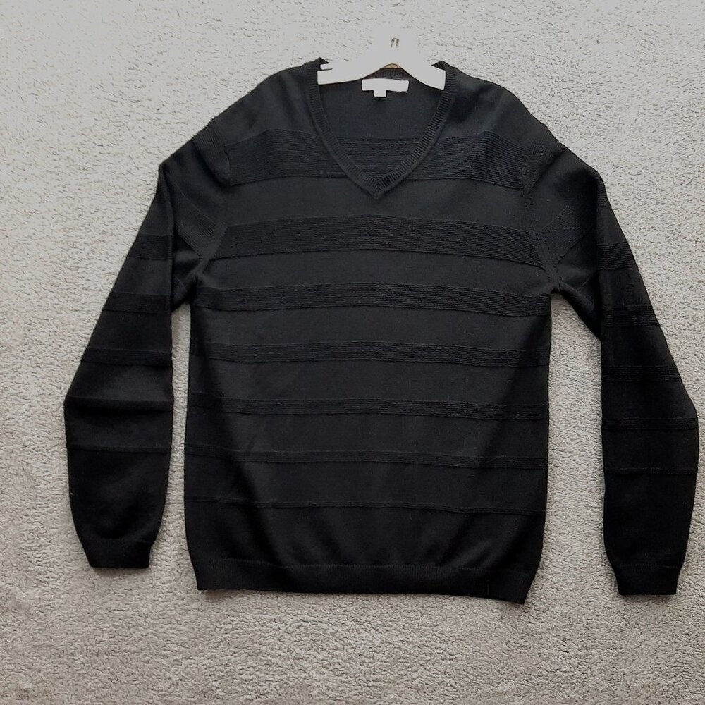 Calvin Klein Mens Black Striped V Neck Sweater size large Cotton Acrylic Blend
